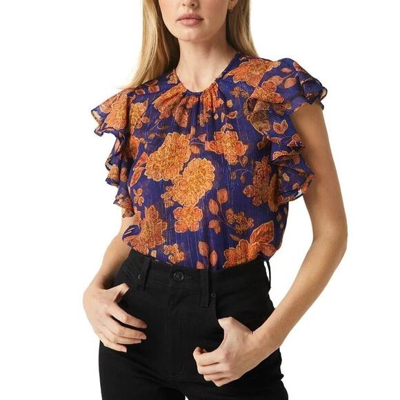 Misa Galeta Top Floral Print Metallic Ruffle Flutter Sleeve Blue Marigold NWT S - Picture 1 of 6